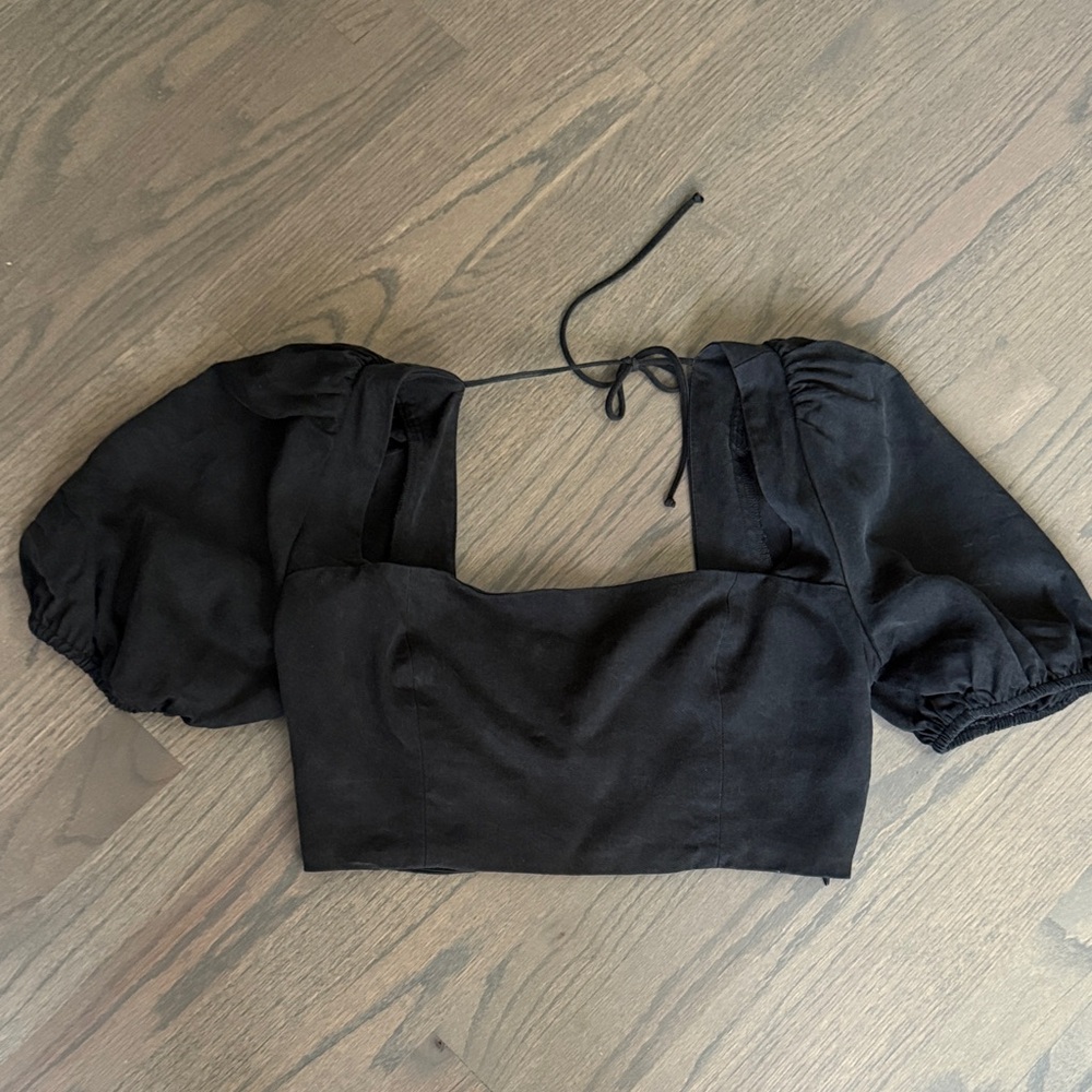 Reformation Black Cropped Puff Sleeve Blouse Size 10
